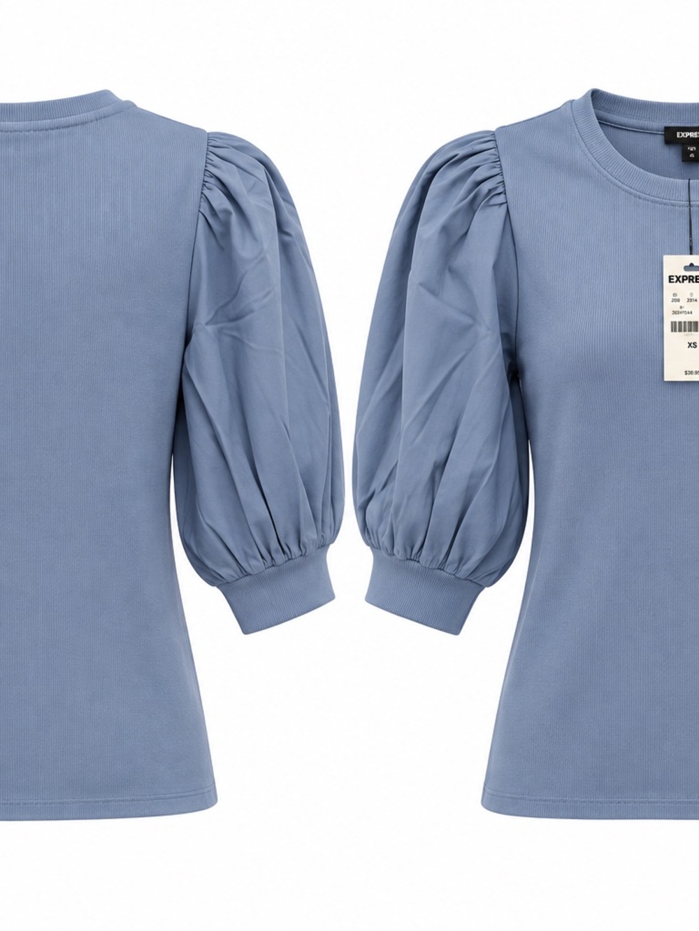 Express Blue Gray Ribbed Puff Sleeve Top XS New With Tags